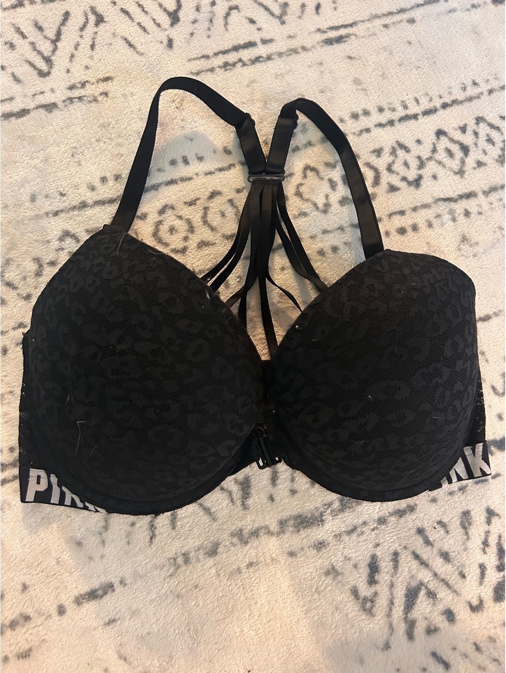 Pink Black Lace Strappy Front Close Bra 32DD